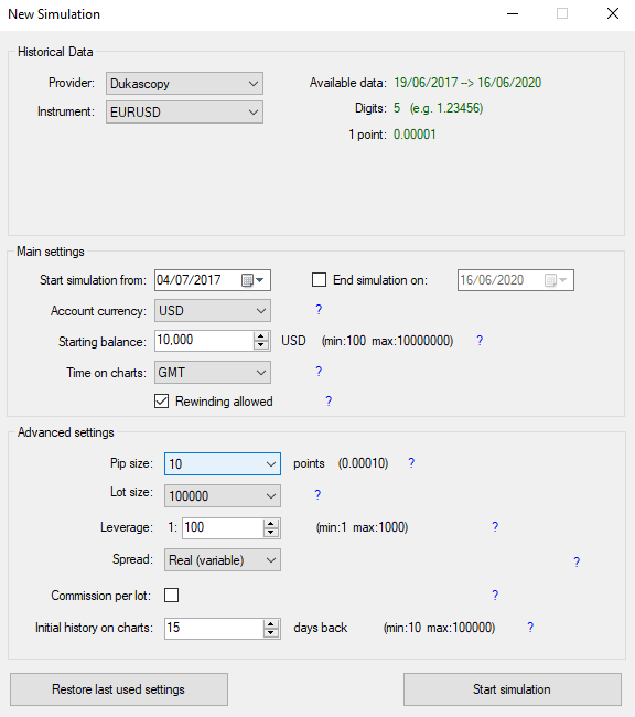 Backtesting parameters