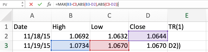 True range Excel calculation