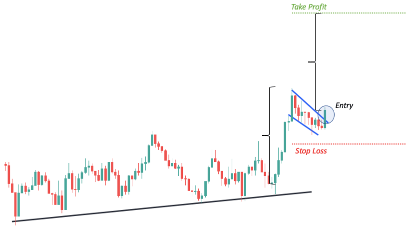 This picture shows a forex bull flag set-up with the stop loss and profit target marked.